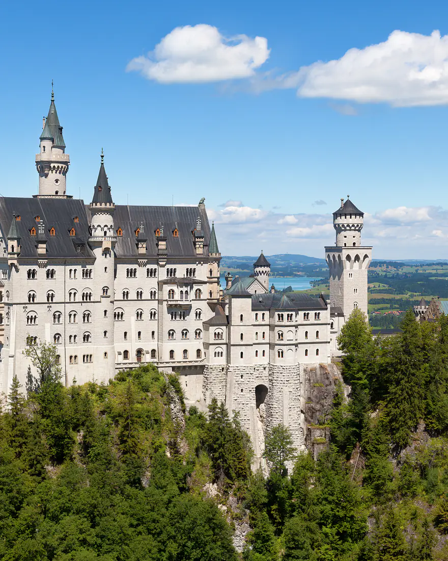 Neuschwanstein Castle above the Bavarian countryside