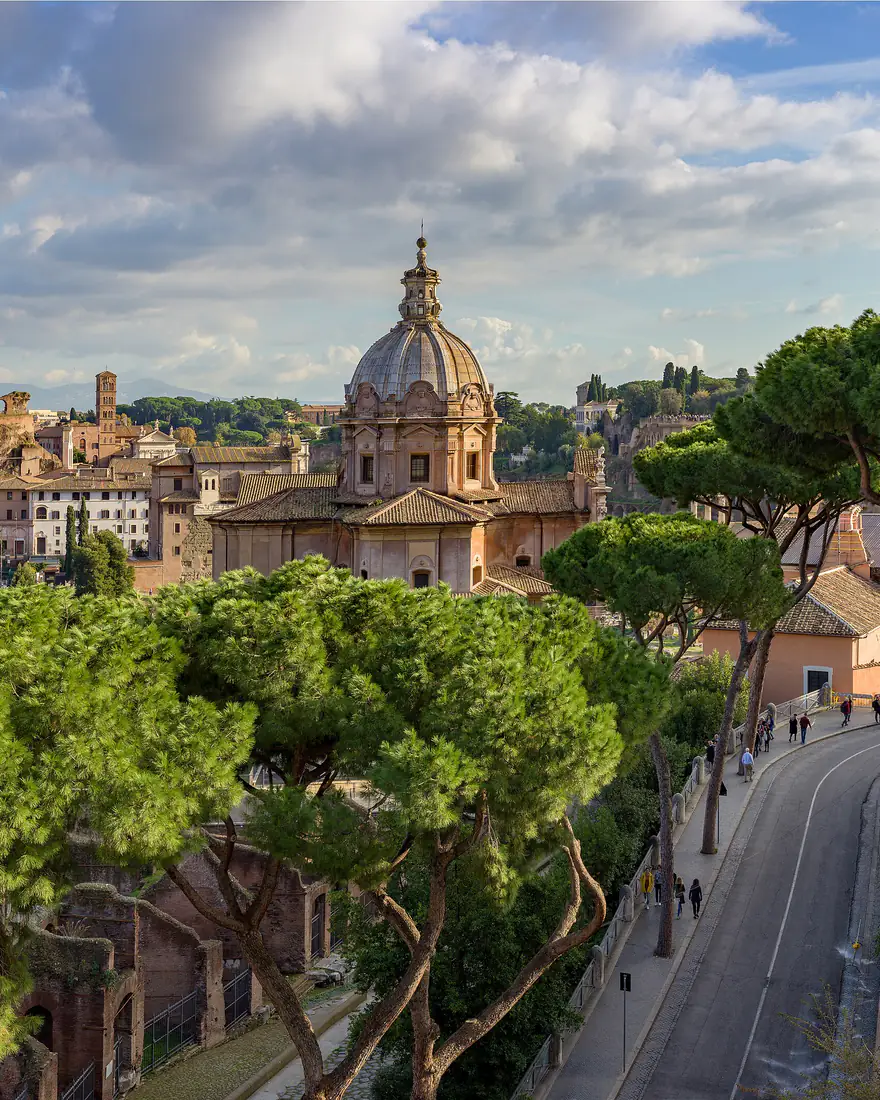 The Roman Forum, domes and umbrella pines seen from the Vittoriano