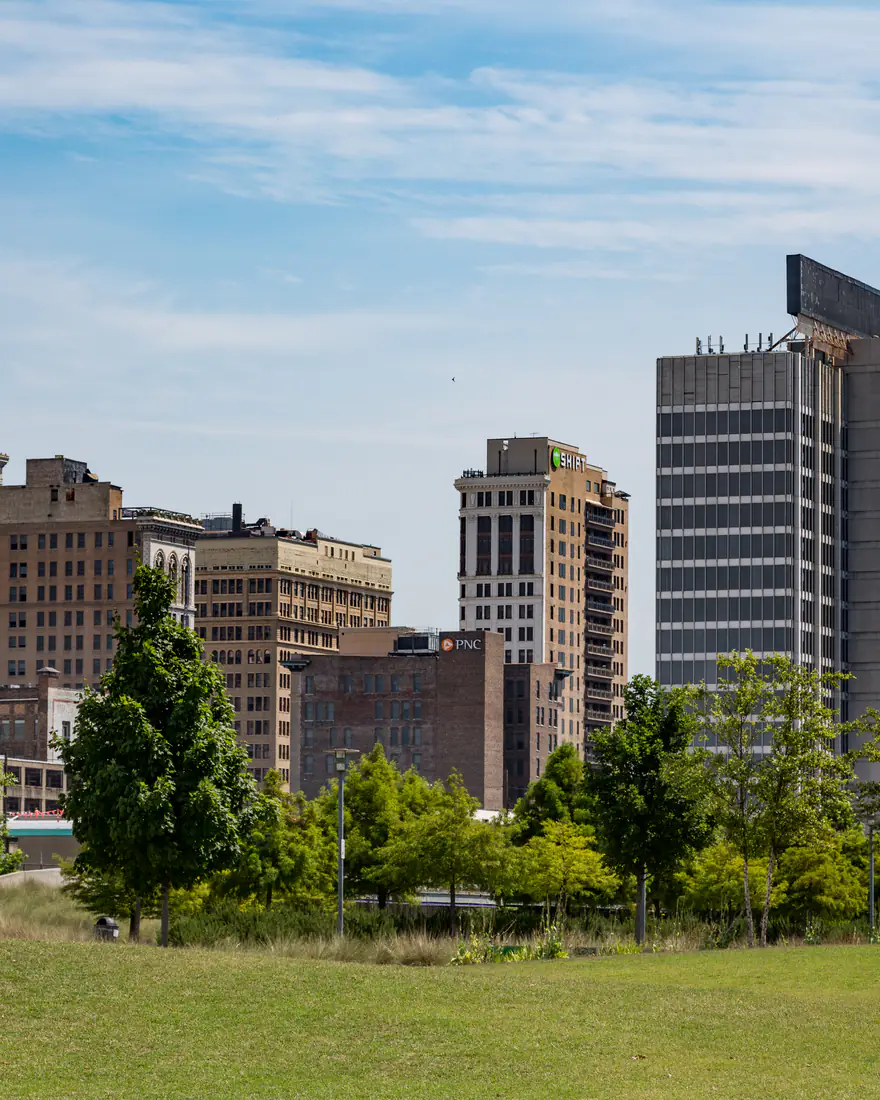 Downtown Birmingham, Alabama, skyline above a green park