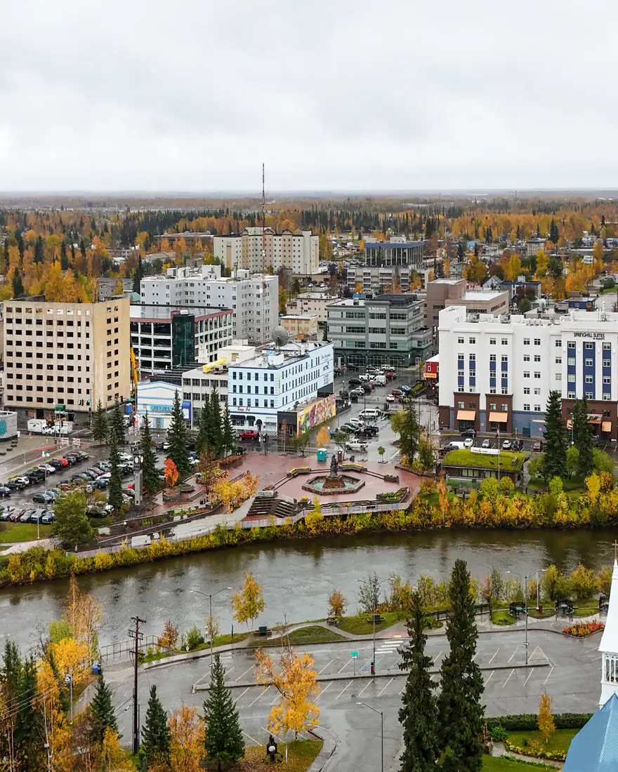 Aerial view of downtown Fairbanks and the Chena River in autumn