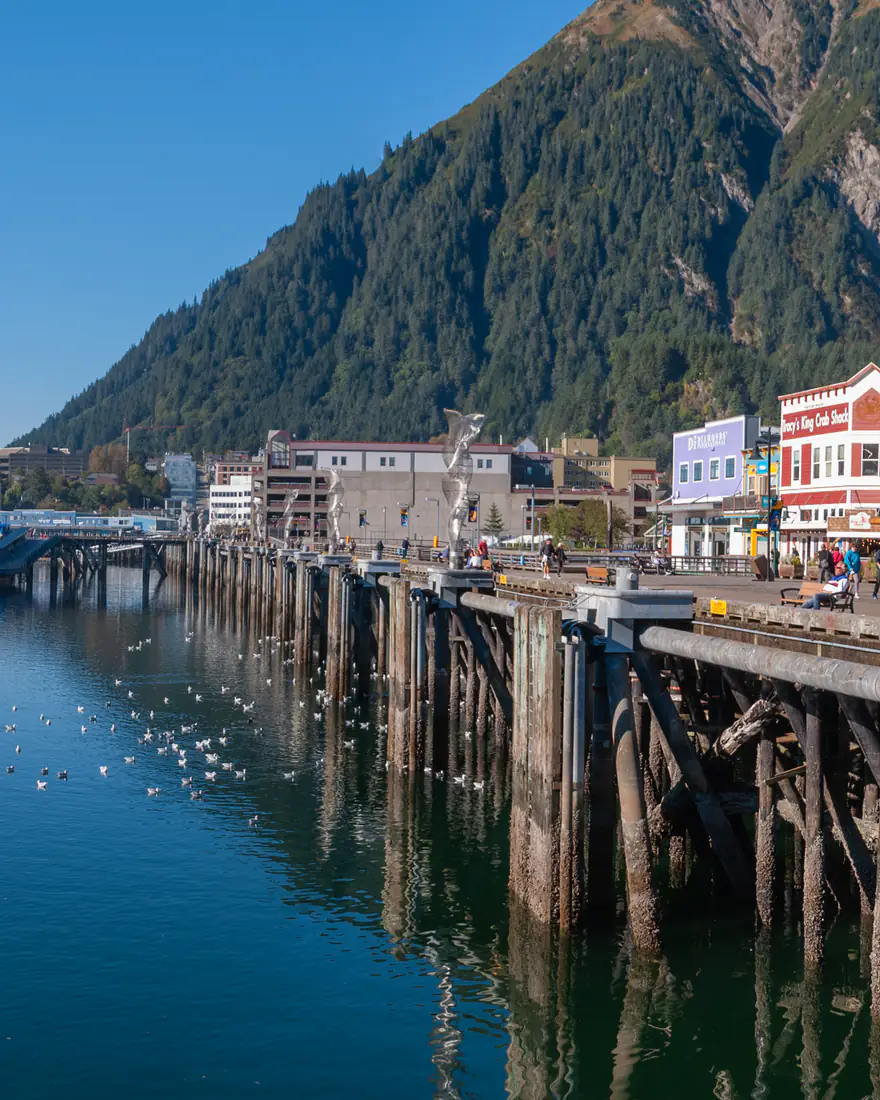 Juneau's waterfront below Mount Juneau, with a cruise ship docked