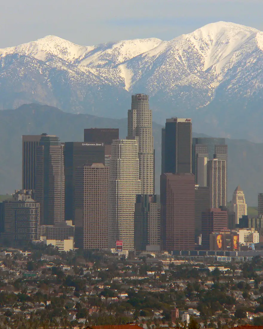 Downtown Los Angeles below the snow-capped San Gabriel Mountains