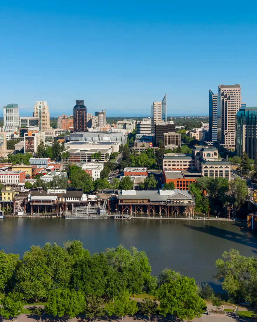 Sacramento's skyline and the gold Tower Bridge over the Sacramento River