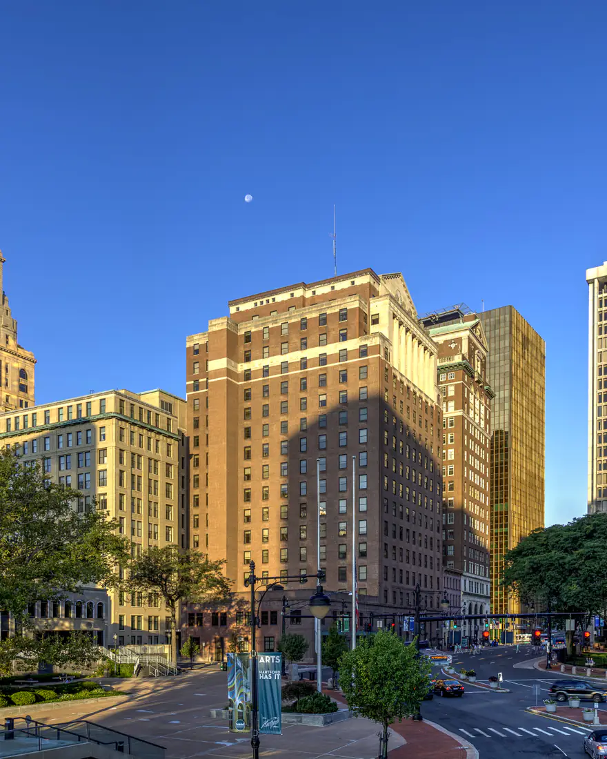 Downtown Hartford's Travelers Tower and historic buildings