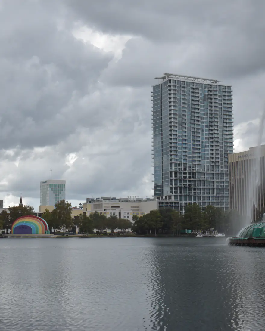 Lake Eola's fountain and the downtown Orlando skyline