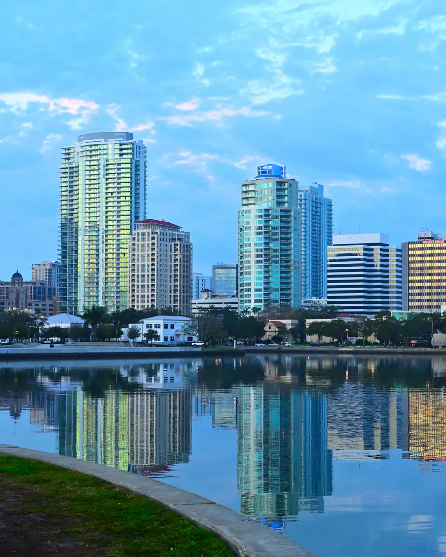 St. Petersburg's skyline reflected in the water at sunrise