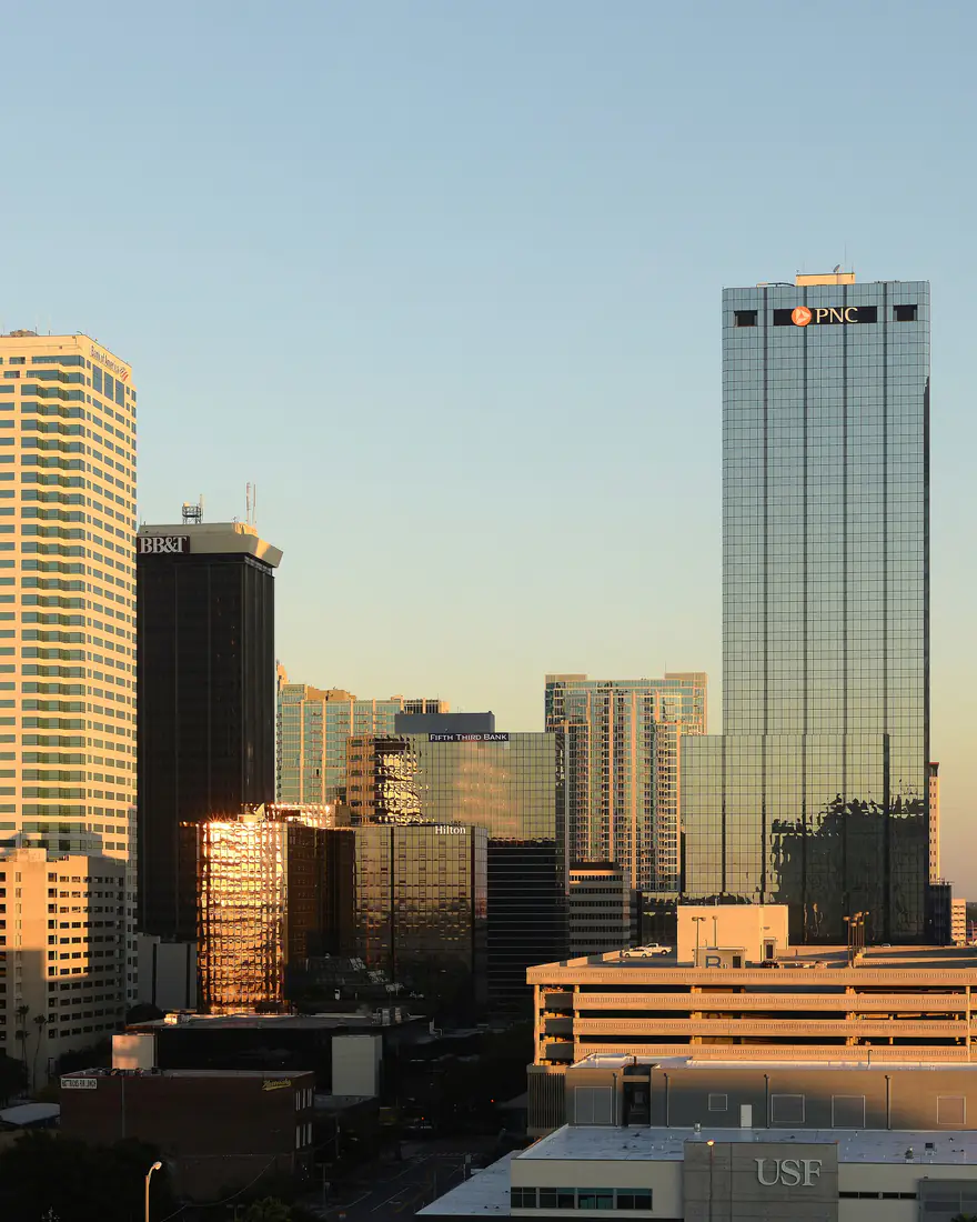Downtown Tampa towers in warm evening light