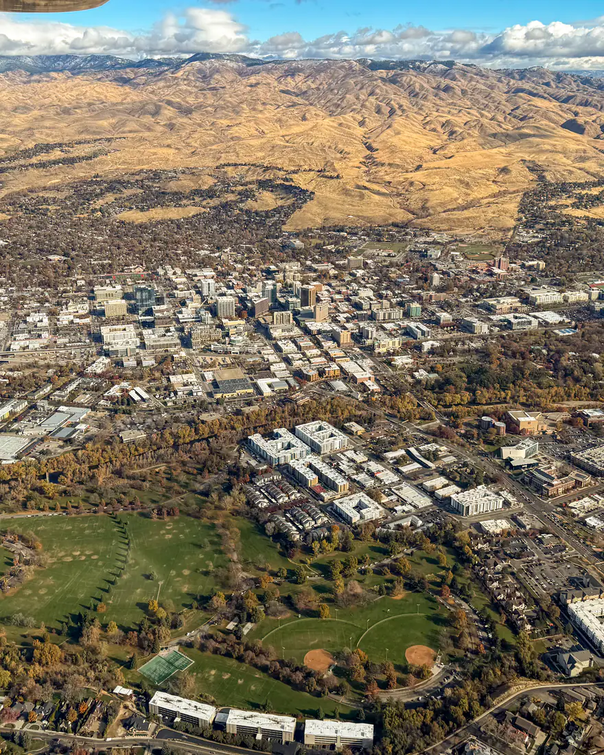 Aerial view of Boise and the foothills behind it