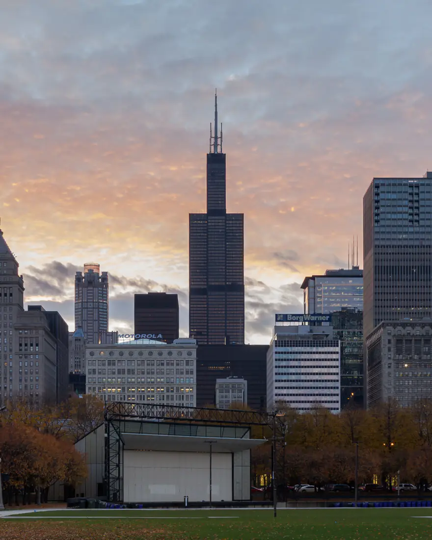 Chicago's skyline with Willis Tower above Grant Park