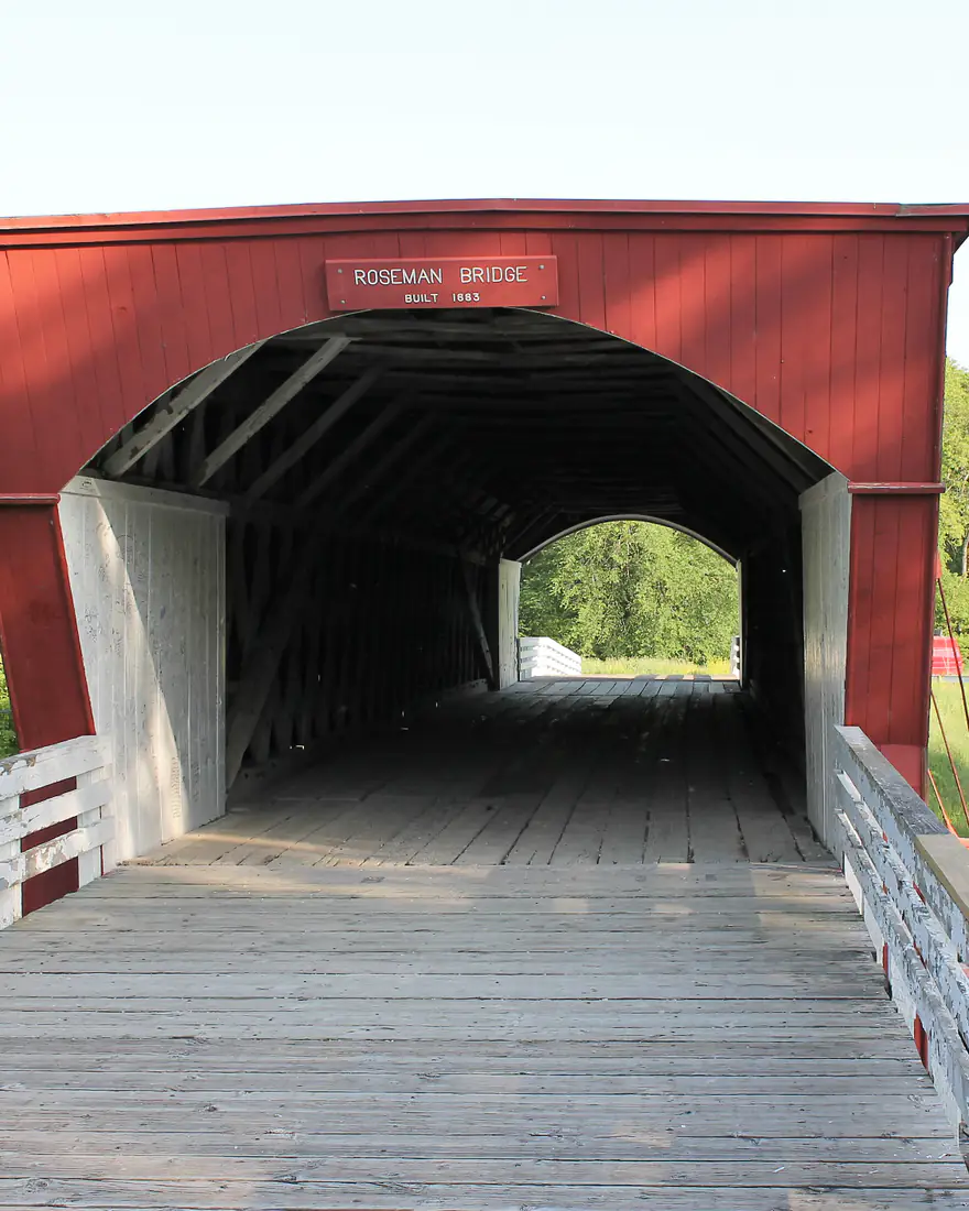 The red Roseman Covered Bridge in Madison County, Iowa