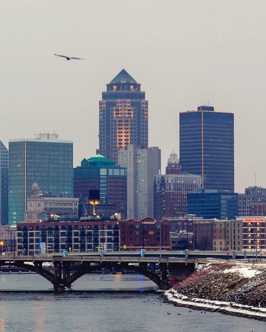 The Des Moines skyline above the Des Moines River on a winter morning