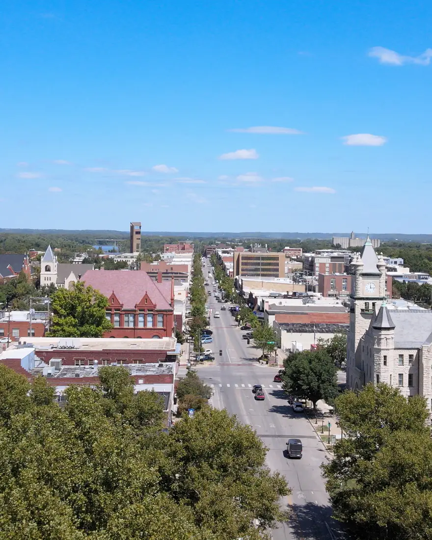 Aerial view of downtown Lawrence and Massachusetts Street