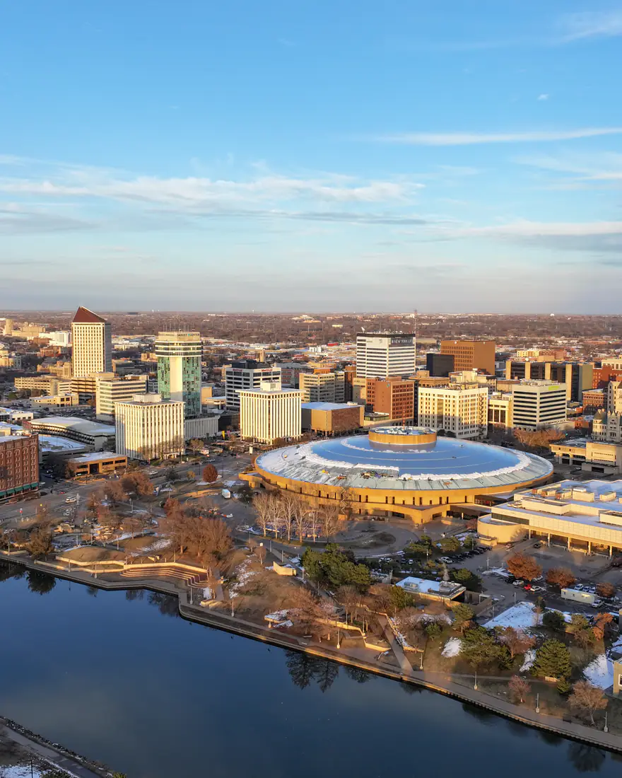 Aerial view of Wichita's skyline along the Arkansas River