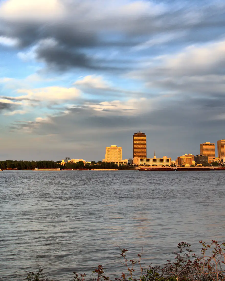 The Louisiana State Capitol and Baton Rouge skyline across the Mississippi