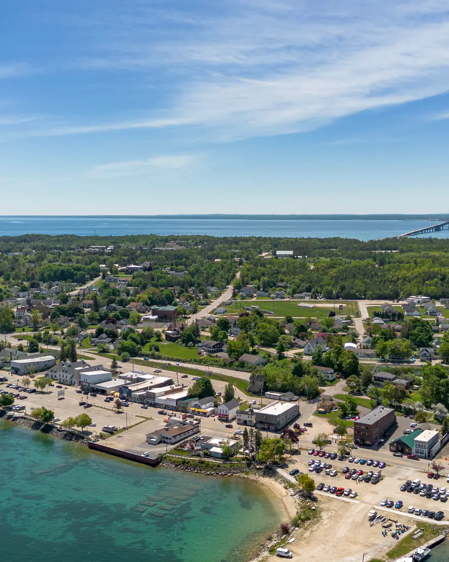 St. Ignace and the Straits of Mackinac, with the Mackinac Bridge in the distance