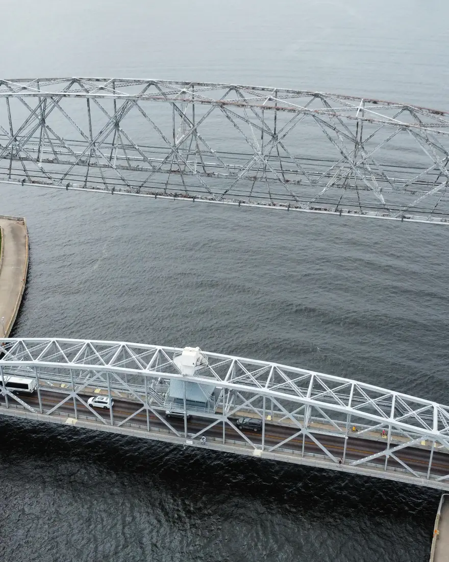 Aerial view of Duluth's Aerial Lift Bridge over the ship canal
