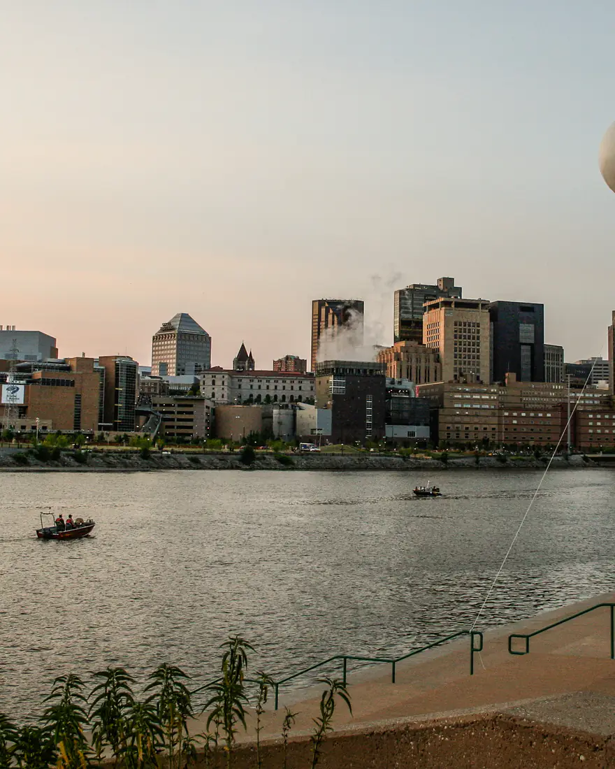 Saint Paul's skyline over the Mississippi River at dusk