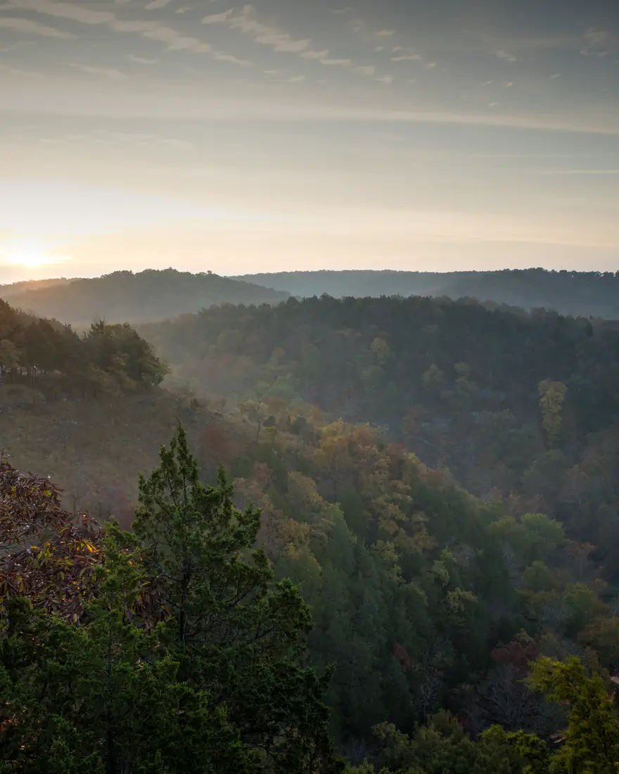 Sunrise over the wooded hills of Ha Ha Tonka State Park