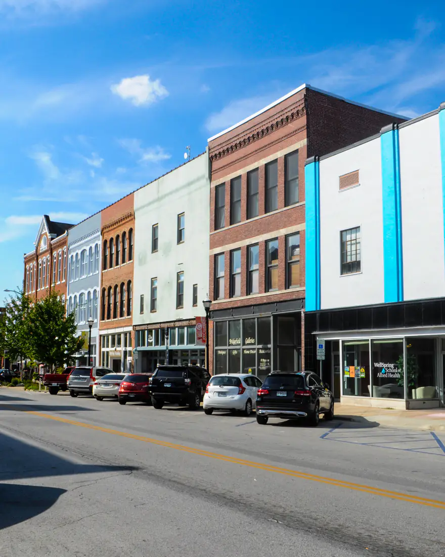 Brick storefronts along Commercial Street, Springfield, Missouri