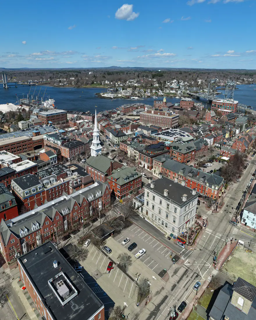 Aerial view of downtown Portsmouth and its harbor