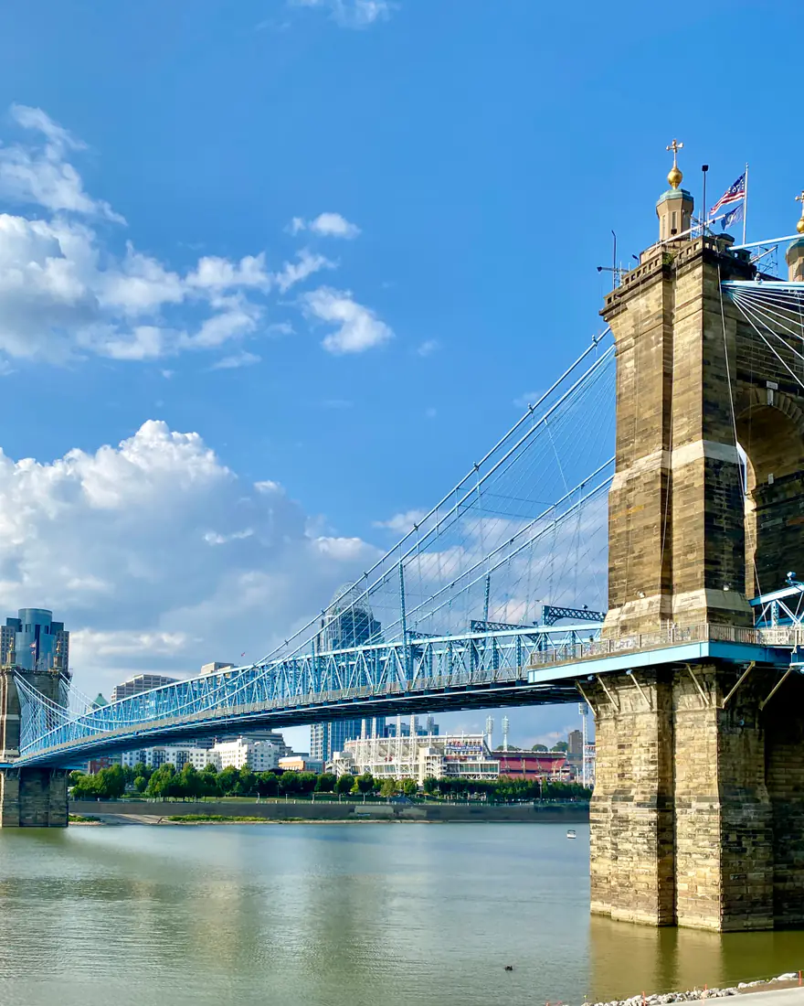 The Roebling Suspension Bridge and Cincinnati skyline over the Ohio River
