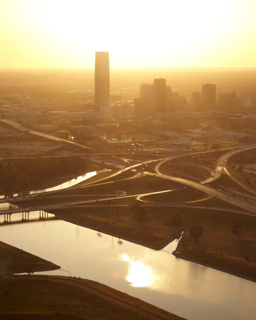Downtown Oklahoma City and the Oklahoma River at sunset