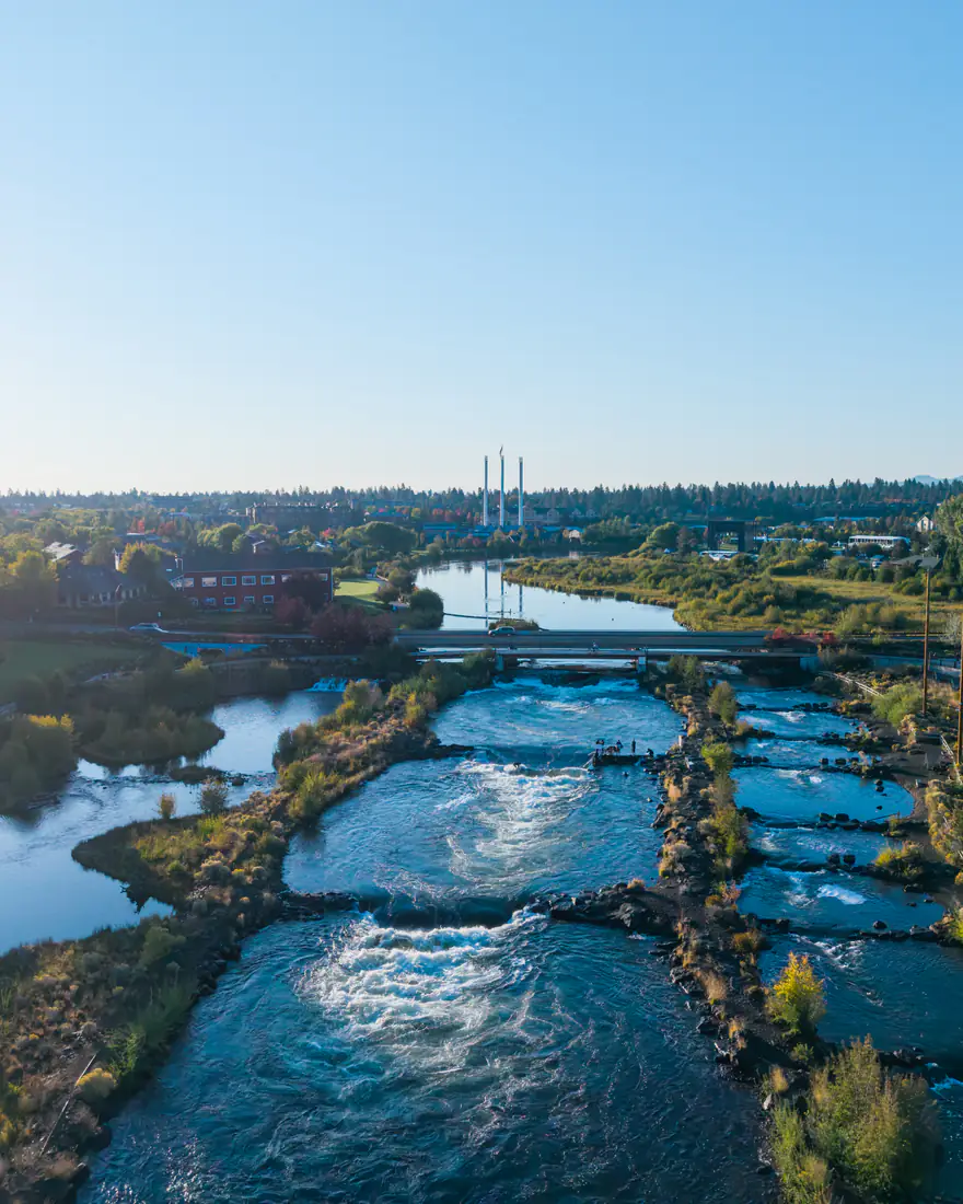 The Deschutes River running through Bend, seen from above