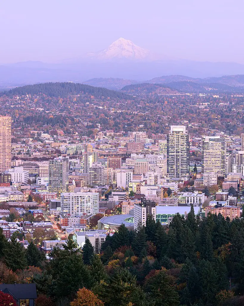 Portland's skyline with Mount Hood, seen from Pittock Mansion