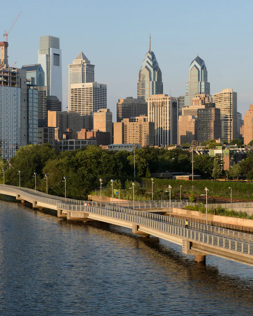 Philadelphia's skyline and the Schuylkill River from the South Street Bridge