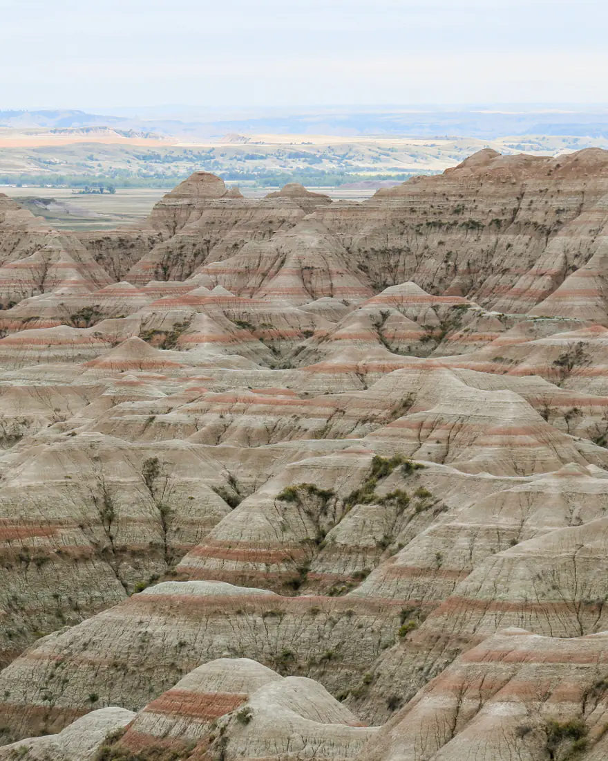 Banded ridges and spires in Badlands National Park
