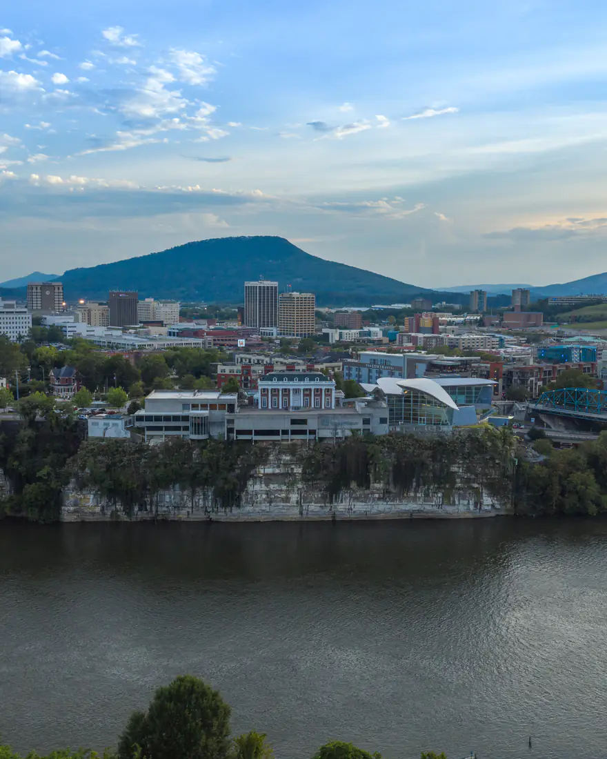 Chattanooga across the Tennessee River, with Lookout Mountain behind