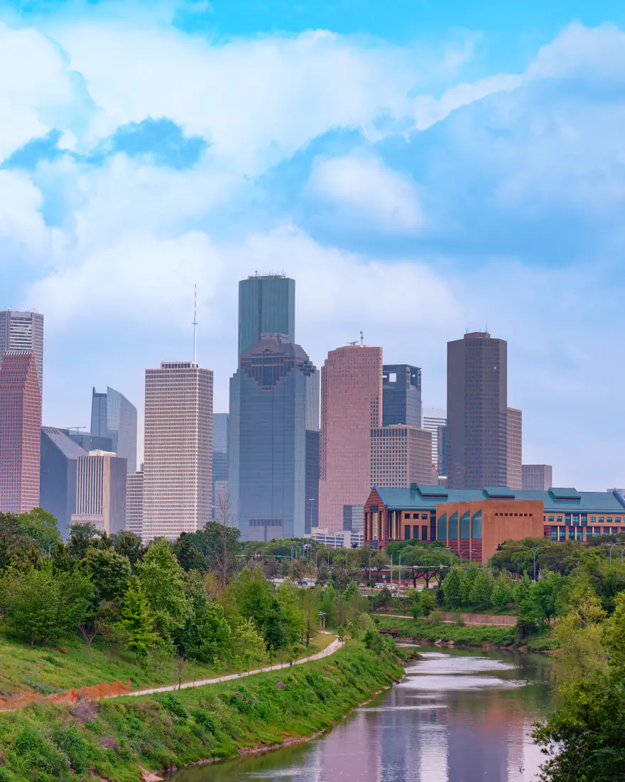Houston's skyline above Buffalo Bayou
