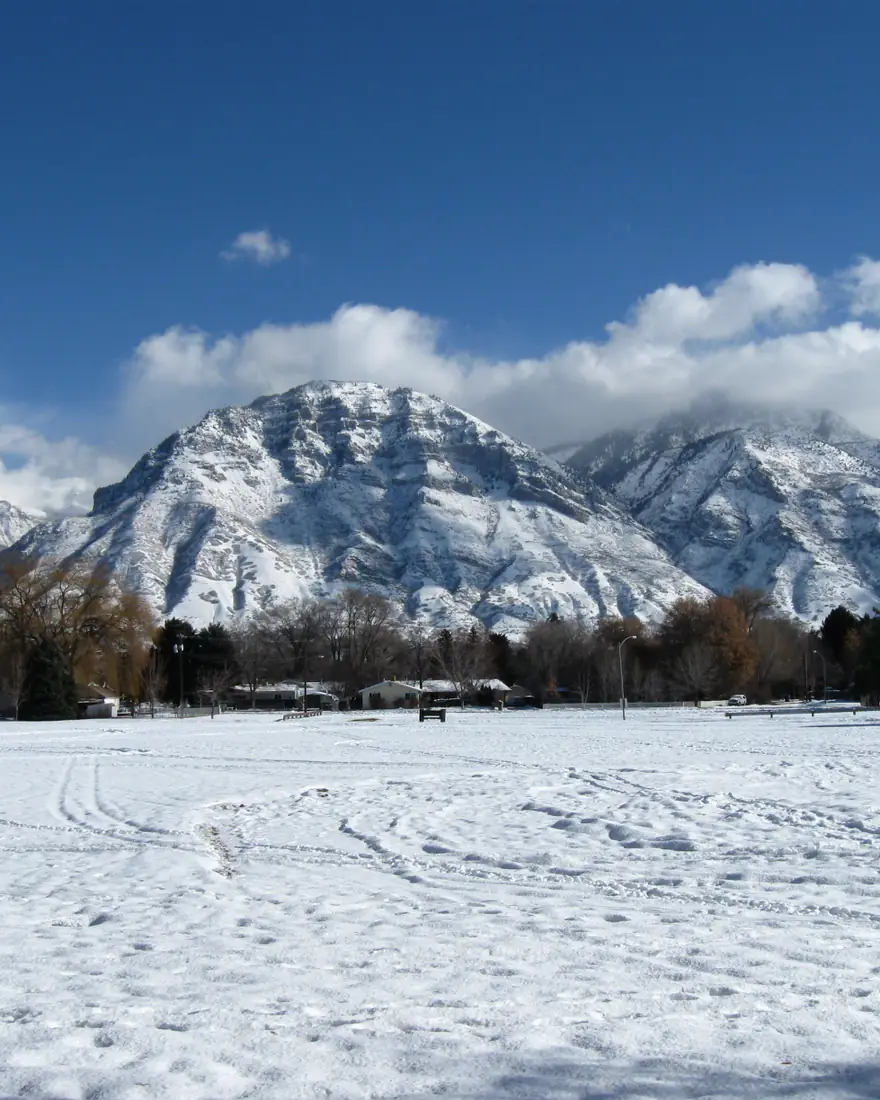 Y Mountain and the snowy Wasatch peaks above Provo